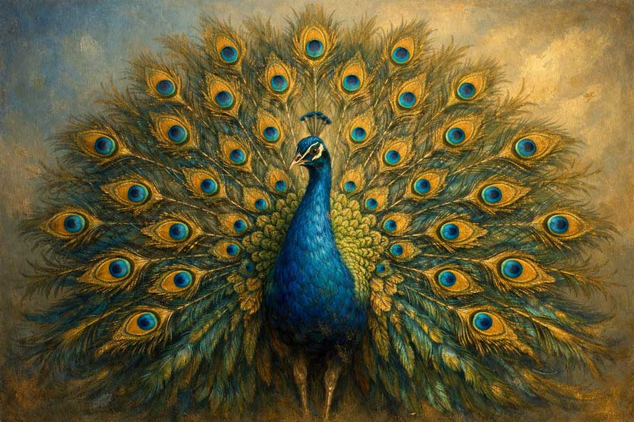 Painting of Peacock with Open Feathers for Wealth Attraction and Positive Energy