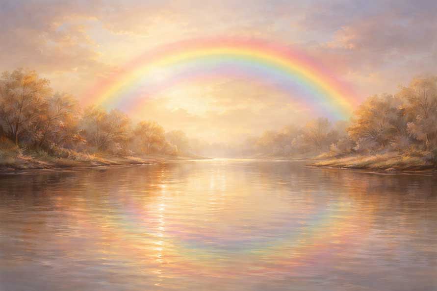 Painting of Rainbow Over Calm River for Multi-Dimensional Thinking and Optimism