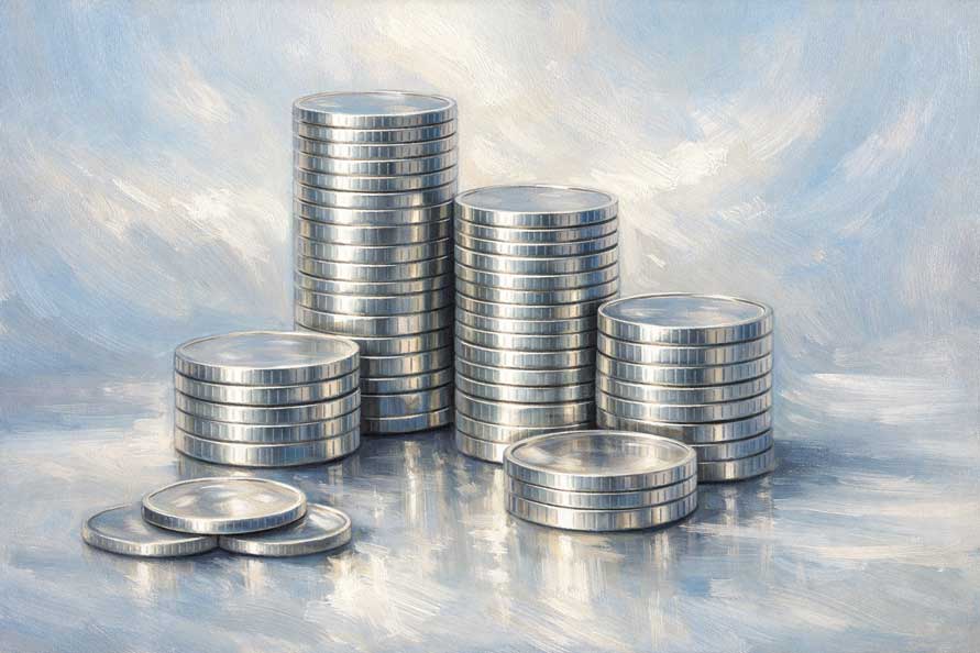Painting of Stacked Silver Coins for Financial Growth and Wealth Stability
