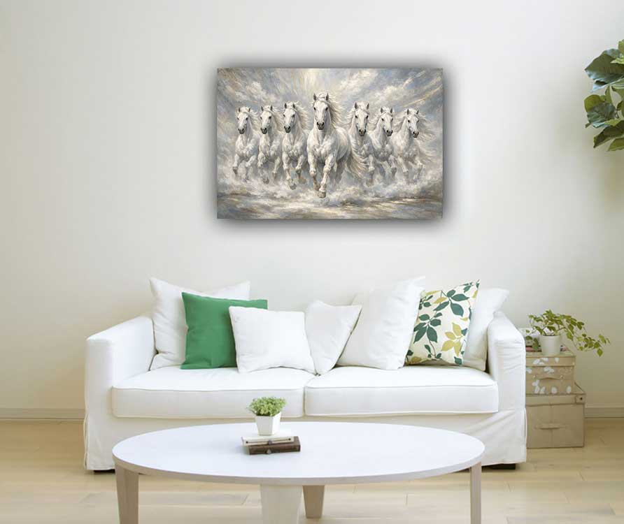 Painting of Seven White Horses on Silver Background for Profit
