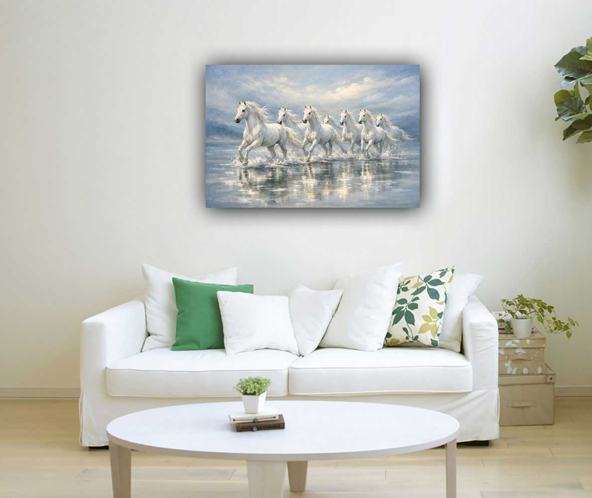 Painting of Seven White Horses on Silver Blue Background for Profit and Prosperity