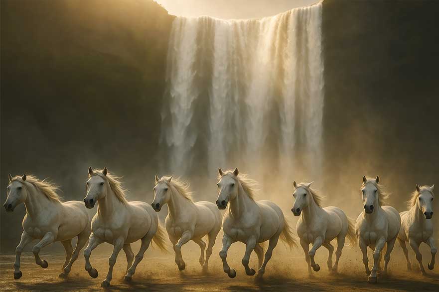 Seven Galloping Horses with Waterfall Wall Art for North Direction