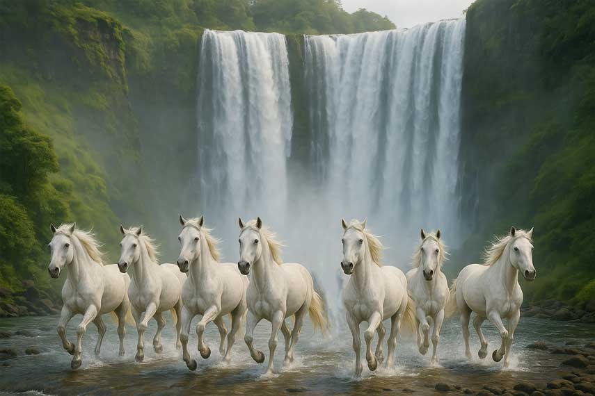 7 Horses with Waterfall Canvas Painting