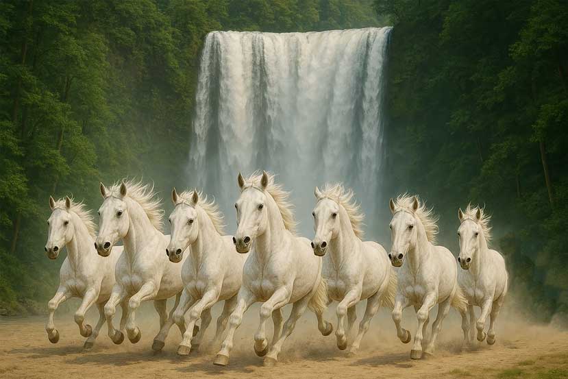 7 Running Horses with Waterfall Painting