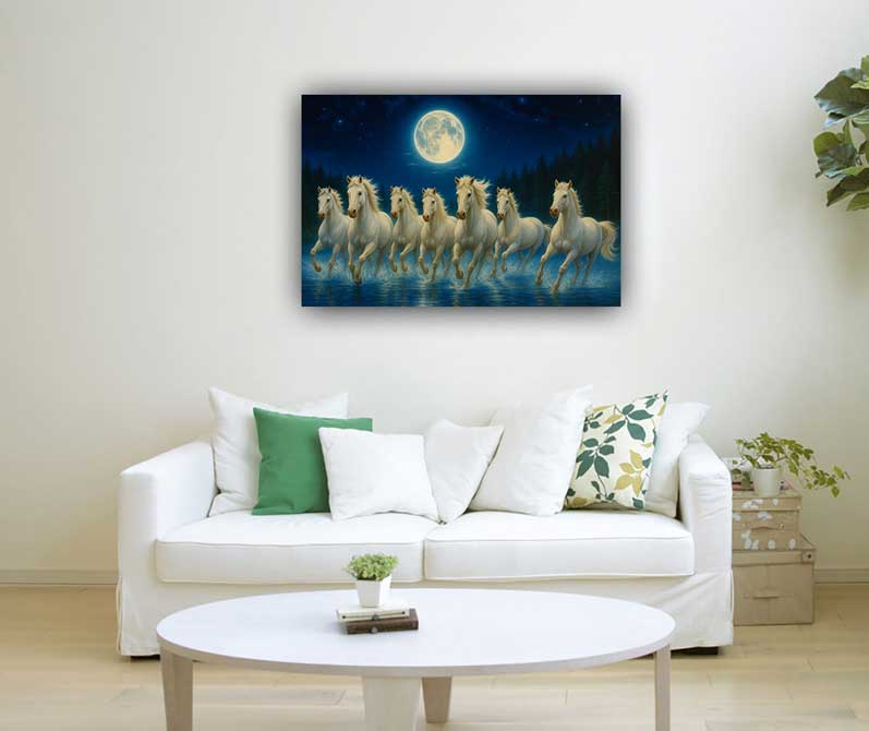 7 Horses Painting Running on Water with Moon