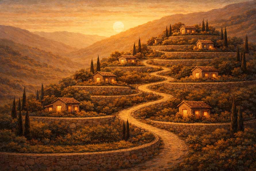 Wall Art Terraced Hills with Homes Painting for Security, Progress & Grounded Living