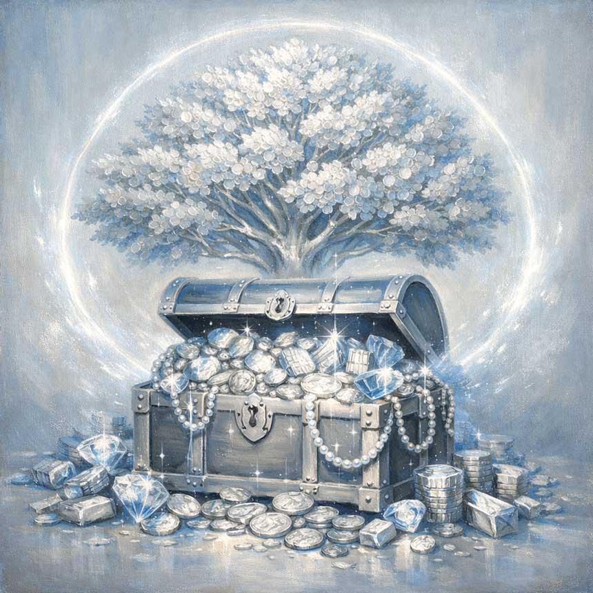 Painting of Treasure Chest with Silver Coins and Money Tree for Wealth Growth and Financial Protection